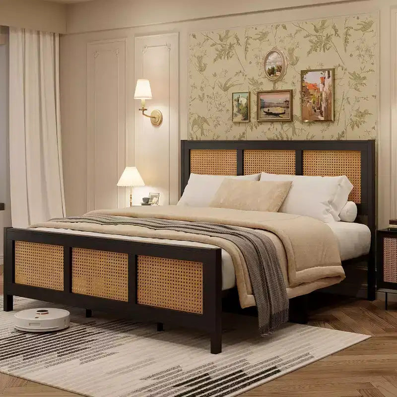 COZONY Struttura Letto in Rattan con Testiera, Letto a Piattaforma Boho, Robuste Doghe in Metallo, Silenzioso, Nessuna Rete a Molle