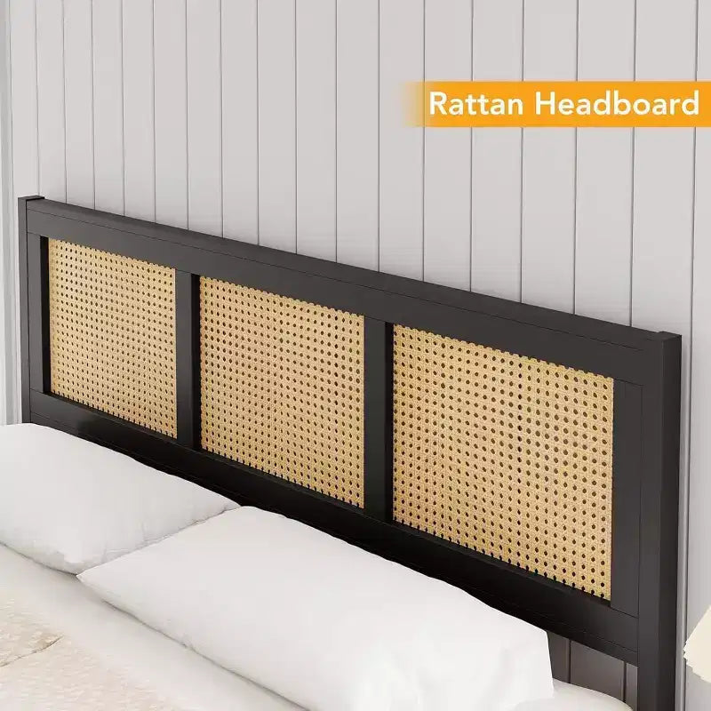 COZONY Struttura Letto in Rattan con Testiera, Letto a Piattaforma Boho, Robuste Doghe in Metallo, Silenzioso, Nessuna Rete a Molle