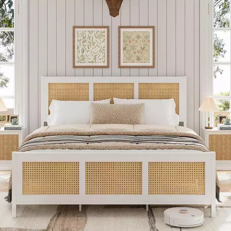 COZONY Struttura Letto in Rattan con Testiera, Letto a Piattaforma Boho, Robuste Doghe in Metallo, Silenzioso, Nessuna Rete a Molle