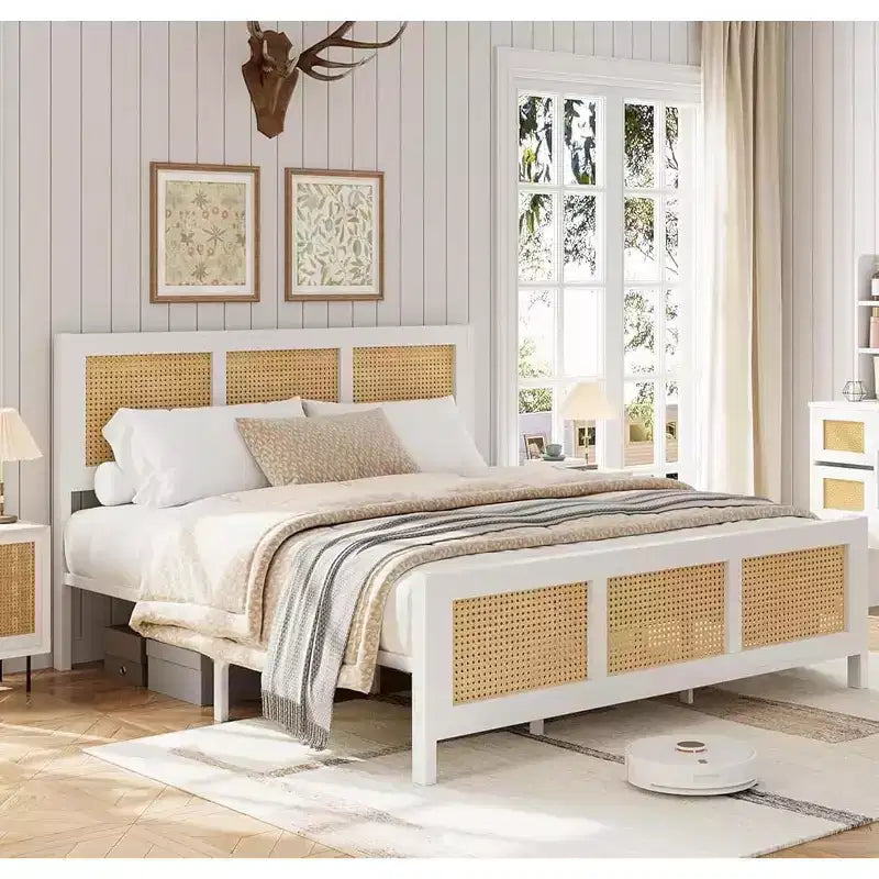 COZONY Struttura Letto in Rattan con Testiera, Letto a Piattaforma Boho, Robuste Doghe in Metallo, Silenzioso, Nessuna Rete a Molle