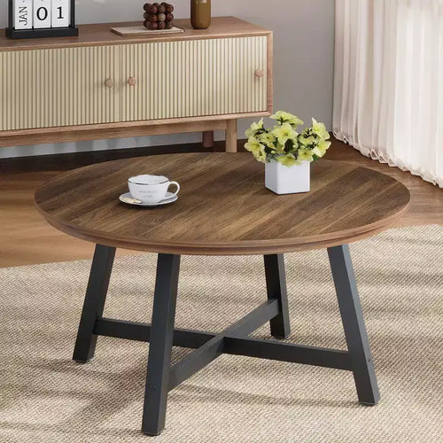 36'' Modern Round Coffee Table, Wooden Center Table with Metal Legs & Adjustable Feet, Accent Sofa Side Table for Living Room Bedroom Office