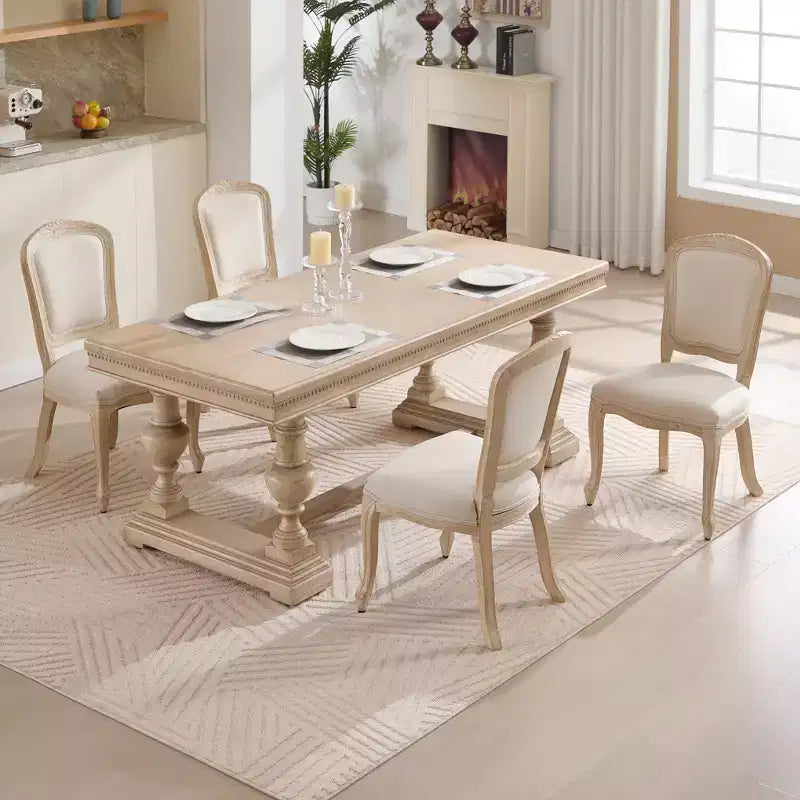 Sedie da pranzo in stile country francese, set da 2, con schienale a ventaglio imbottito, intagliato a filo, smontabile, beige