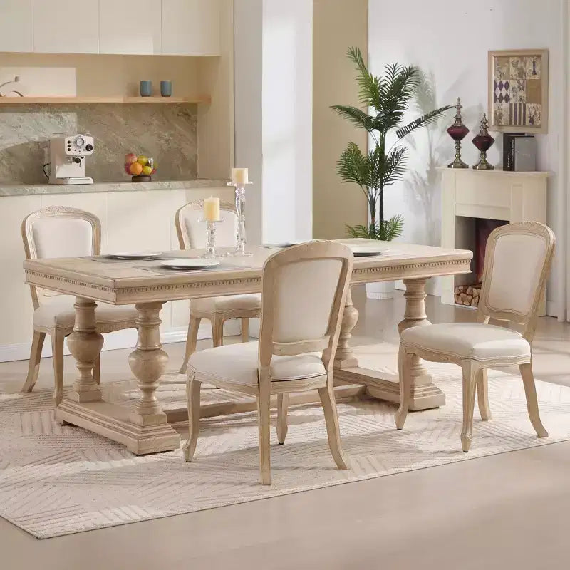 Sedie da pranzo in stile country francese, set da 2, con schienale a ventaglio imbottito, intagliato a filo, smontabile, beige