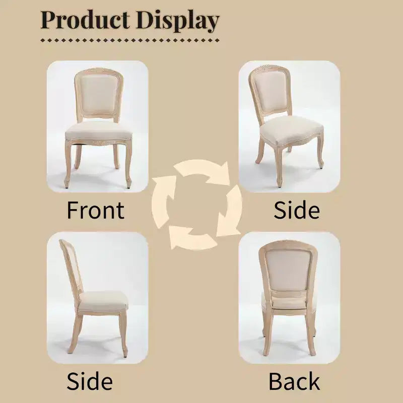 Sedie da pranzo in stile country francese, set da 2, con schienale a ventaglio imbottito, intagliato a filo, smontabile, beige