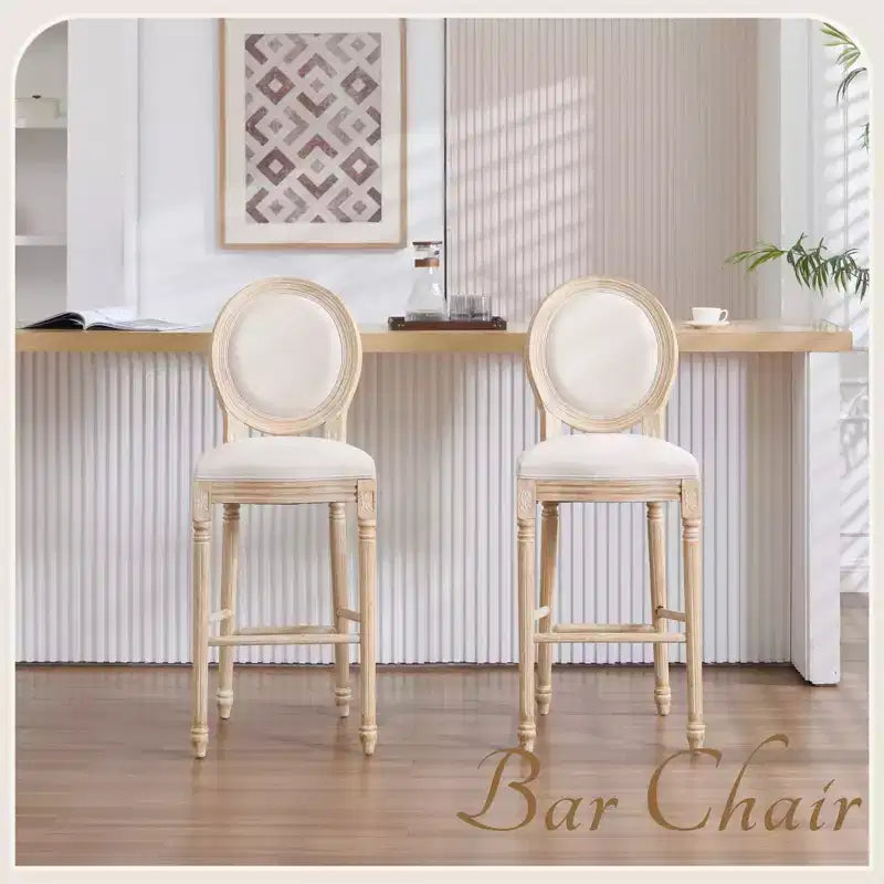 Sedie da bar French Country set da 2, schienale rotondo imbottito, intaglio a traforo, smontabili, beige