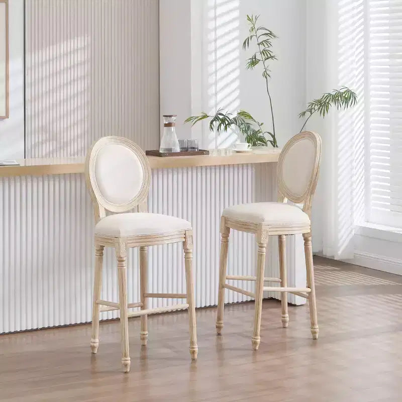 Sedie da bar French Country set da 2, schienale rotondo imbottito, intaglio a traforo, smontabili, beige