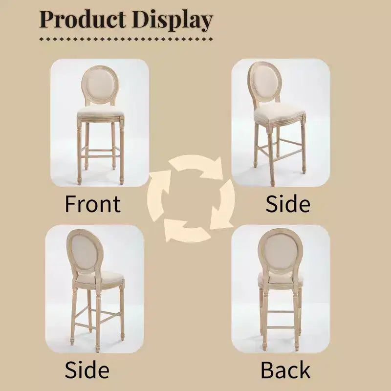 Sedie da bar French Country set da 2, schienale rotondo imbottito, intaglio a traforo, smontabili, beige