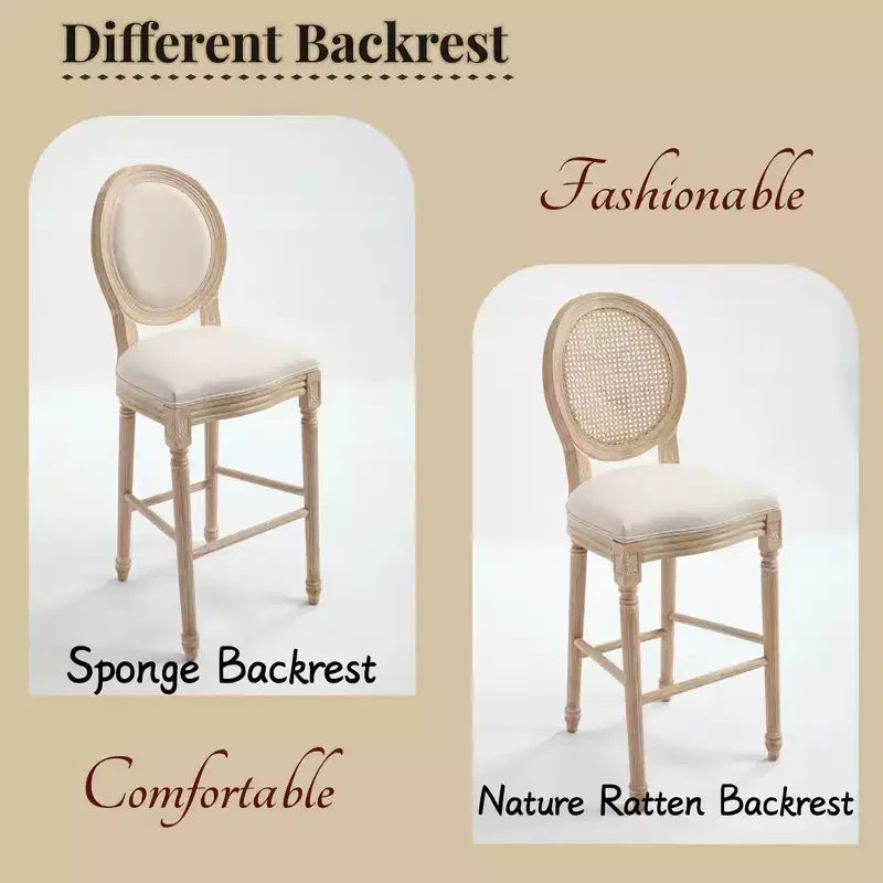 Sedie da bar French Country set da 2, schienale rotondo imbottito, intaglio a traforo, smontabili, beige