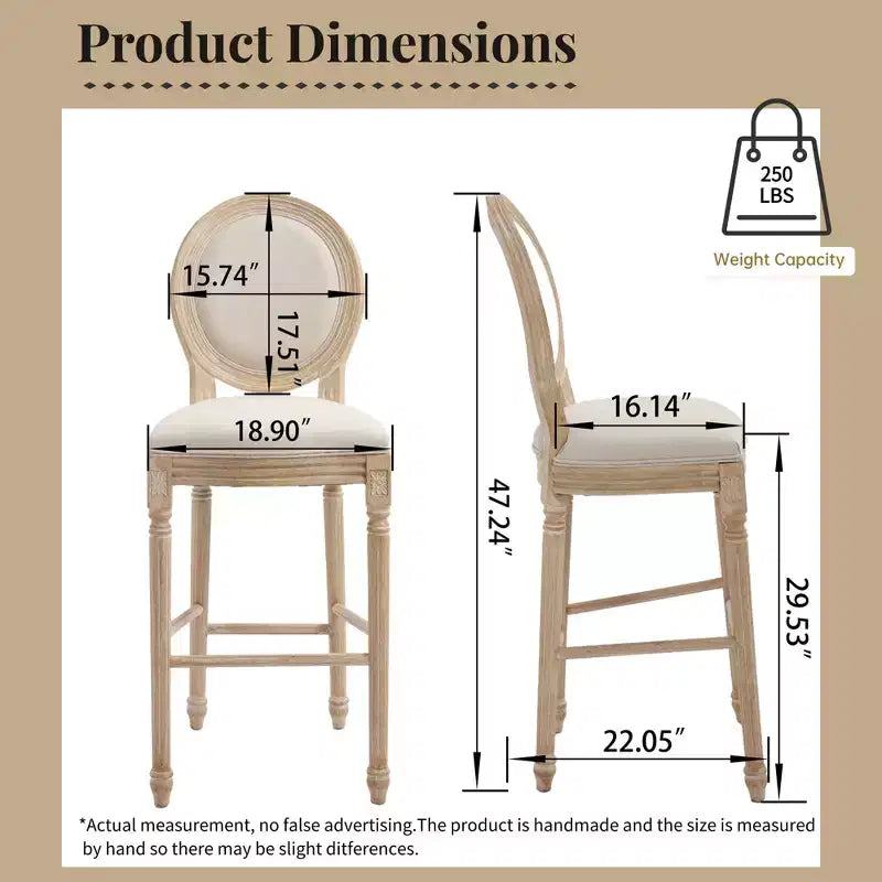 Sedie da bar French Country set da 2, schienale rotondo imbottito, intaglio a traforo, smontabili, beige