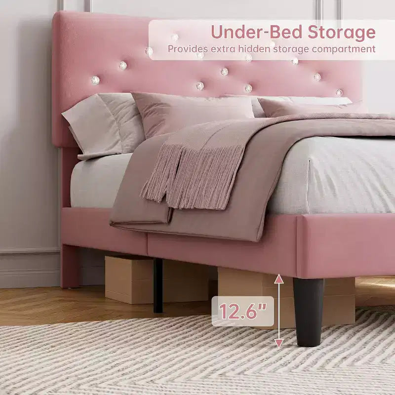 Struttura letto matrimoniale/queen size, struttura letto imbottita in velluto con canali verticali trapuntati e robuste doghe in legno, struttura letto a piattaforma di facile montaggio, senza rumore