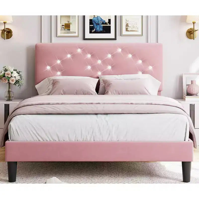 Struttura letto matrimoniale/queen size, struttura letto imbottita in velluto con canali verticali trapuntati e robuste doghe in legno, struttura letto a piattaforma di facile montaggio, senza rumore