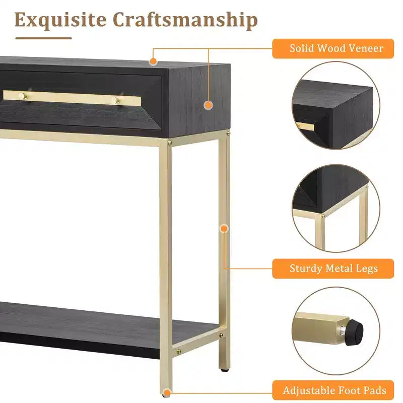 TUYOHW Tavolo Consolle Retrò con 2 Cassetti, Tavolo d'Ingresso Moderno Geometrico con Dettagli Dorati, Tavolo da Divano con Gambe in Metallo per Ingresso, Soggiorno