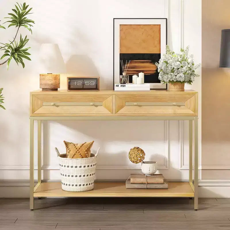 TUYOHW Retro Console Table with 2 Drawers,Modern Geometric Entryway Table with Gold Accents,Sofa Table with Metal Legs for Hallway,Living Room