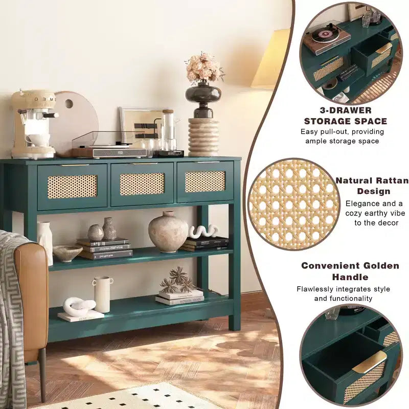 TUYOHW Tavolo Consolle in Rattan con 3 Cassetti Superiori e 2 Ripiani Aperti, Tavolino da Divano Rustico con Ripiano Regolabile per Ingresso, Corridoio, Soggiorno