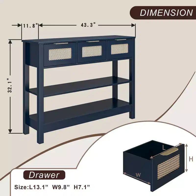 TUYOHW Tavolo Consolle in Rattan con 3 Cassetti Superiori e 2 Ripiani Aperti, Tavolino da Divano Rustico con Ripiano Regolabile per Ingresso, Corridoio, Soggiorno