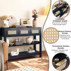 TUYOHW Tavolo Consolle in Rattan con 3 Cassetti Superiori e 2 Ripiani Aperti, Tavolino da Divano Rustico con Ripiano Regolabile per Ingresso, Corridoio, Soggiorno