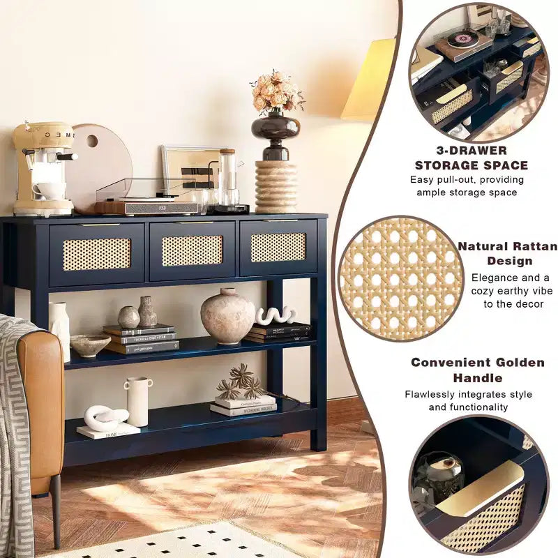 TUYOHW Tavolo Consolle in Rattan con 3 Cassetti Superiori e 2 Ripiani Aperti, Tavolino da Divano Rustico con Ripiano Regolabile per Ingresso, Corridoio, Soggiorno