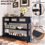 TUYOHW Tavolo Consolle in Rattan con 3 Cassetti Superiori e 2 Ripiani Aperti, Tavolino da Divano Rustico con Ripiano Regolabile per Ingresso, Corridoio, Soggiorno