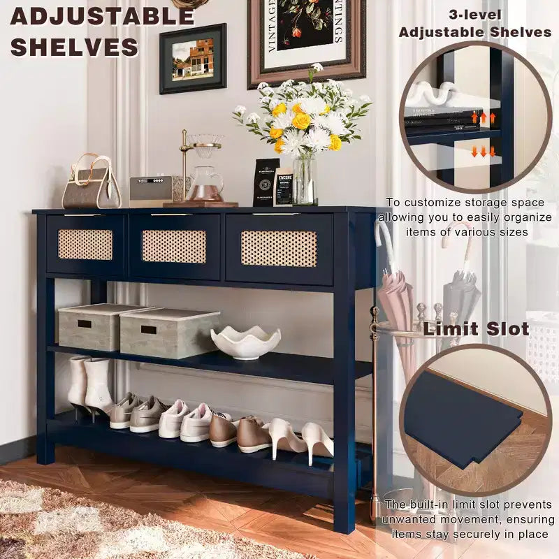 TUYOHW Tavolo Consolle in Rattan con 3 Cassetti Superiori e 2 Ripiani Aperti, Tavolino da Divano Rustico con Ripiano Regolabile per Ingresso, Corridoio, Soggiorno