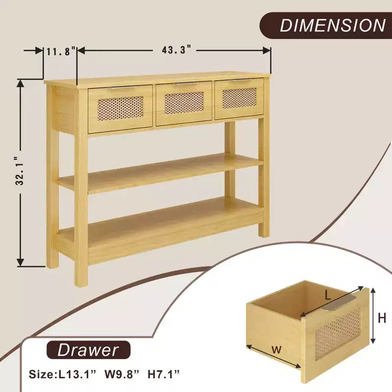 TUYOHW Tavolo Consolle in Rattan con 3 Cassetti Superiori e 2 Ripiani Aperti, Tavolino da Divano Rustico con Ripiano Regolabile per Ingresso, Corridoio, Soggiorno