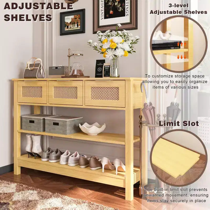 TUYOHW Tavolo Consolle in Rattan con 3 Cassetti Superiori e 2 Ripiani Aperti, Tavolino da Divano Rustico con Ripiano Regolabile per Ingresso, Corridoio, Soggiorno