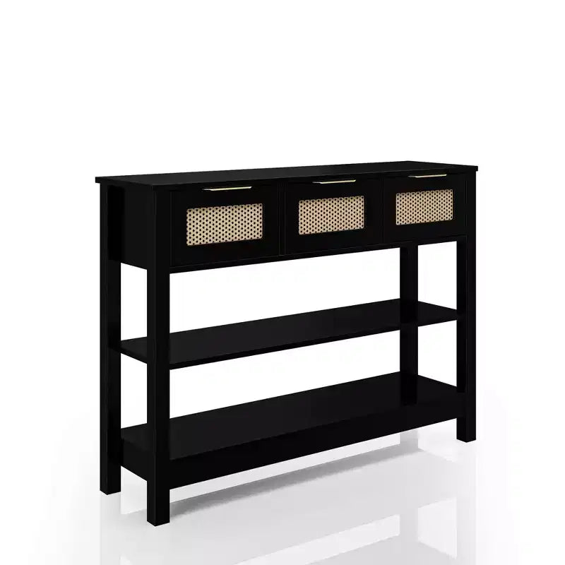 TUYOHW Tavolo Consolle in Rattan con 3 Cassetti Superiori e 2 Ripiani Aperti, Tavolino da Divano Rustico con Ripiano Regolabile per Ingresso, Corridoio, Soggiorno
