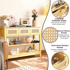 TUYOHW Tavolo Consolle in Rattan con 3 Cassetti Superiori e 2 Ripiani Aperti, Tavolino da Divano Rustico con Ripiano Regolabile per Ingresso, Corridoio, Soggiorno