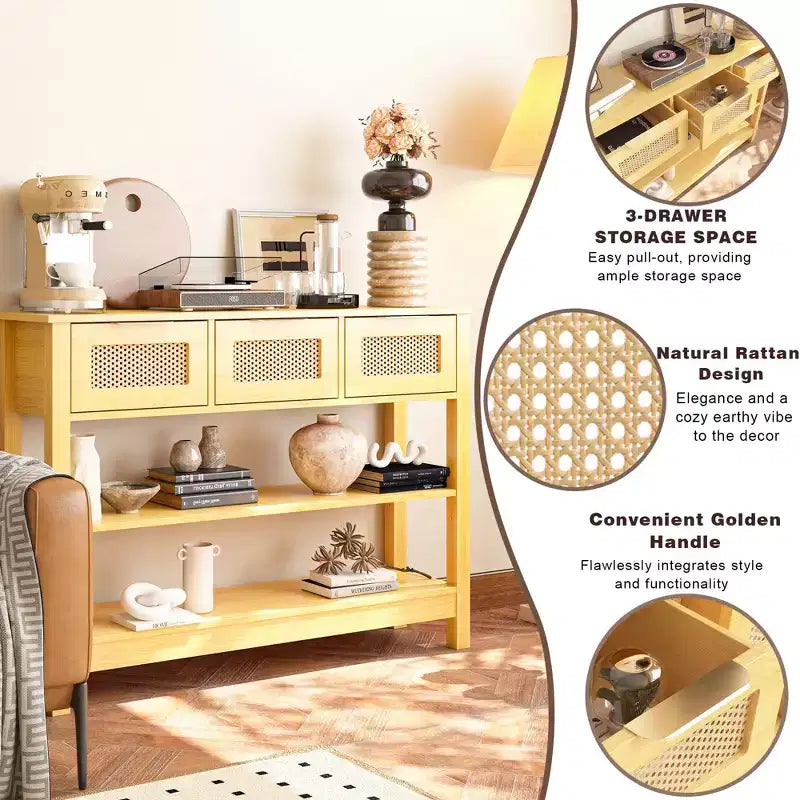 TUYOHW Tavolo Consolle in Rattan con 3 Cassetti Superiori e 2 Ripiani Aperti, Tavolino da Divano Rustico con Ripiano Regolabile per Ingresso, Corridoio, Soggiorno