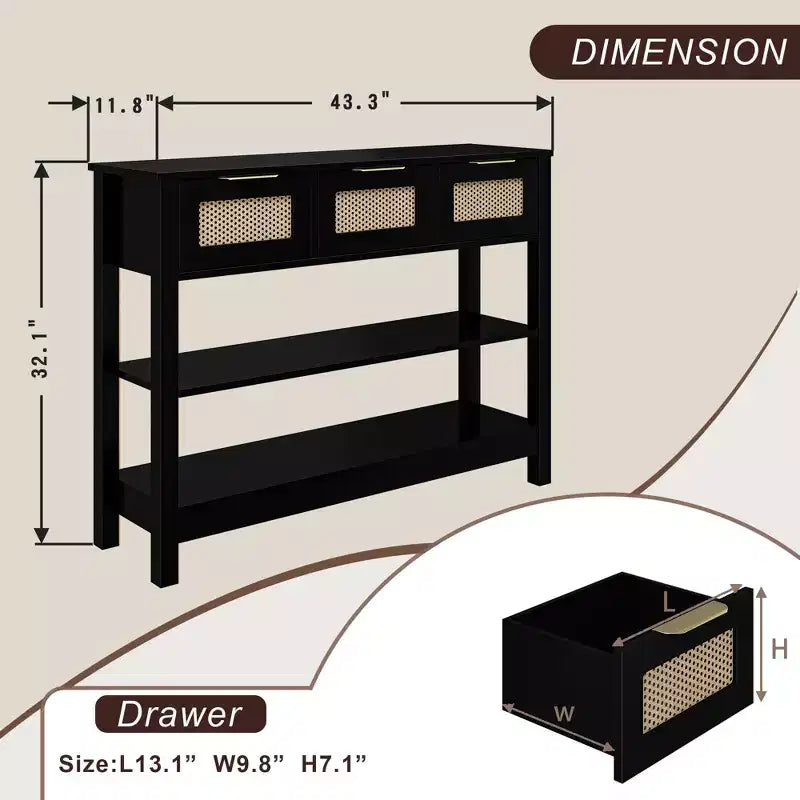 TUYOHW Tavolo Consolle in Rattan con 3 Cassetti Superiori e 2 Ripiani Aperti, Tavolino da Divano Rustico con Ripiano Regolabile per Ingresso, Corridoio, Soggiorno