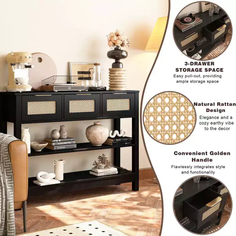 TUYOHW Tavolo Consolle in Rattan con 3 Cassetti Superiori e 2 Ripiani Aperti, Tavolino da Divano Rustico con Ripiano Regolabile per Ingresso, Corridoio, Soggiorno