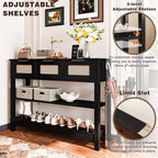 TUYOHW Tavolo Consolle in Rattan con 3 Cassetti Superiori e 2 Ripiani Aperti, Tavolino da Divano Rustico con Ripiano Regolabile per Ingresso, Corridoio, Soggiorno