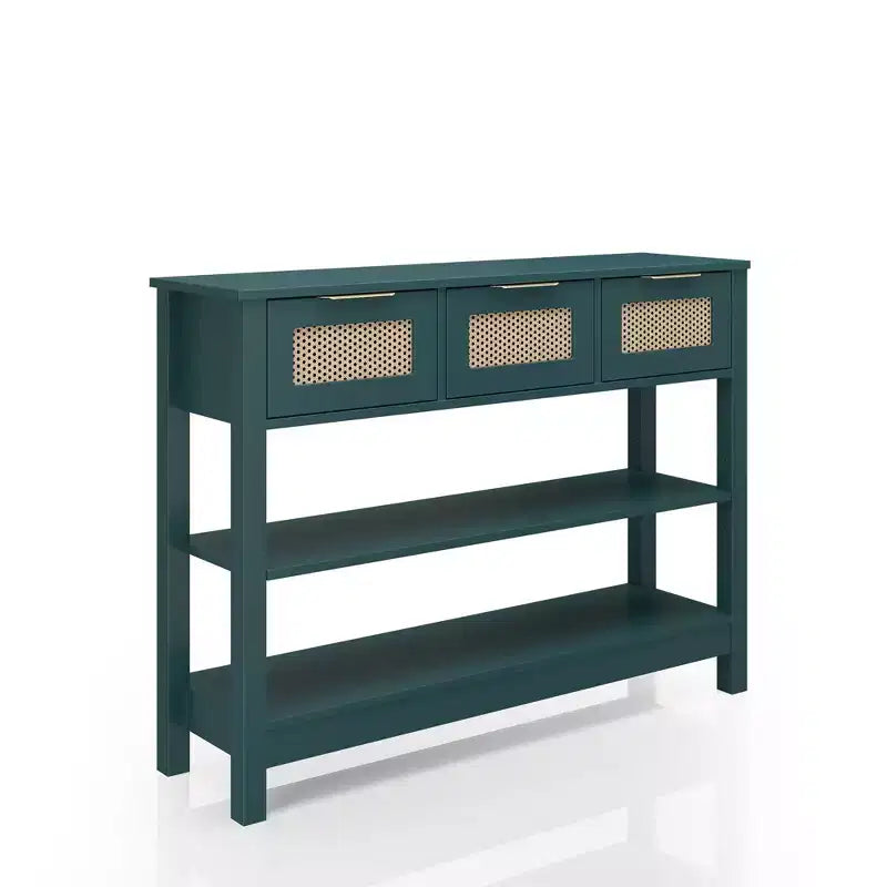 TUYOHW Tavolo Consolle in Rattan con 3 Cassetti Superiori e 2 Ripiani Aperti, Tavolino da Divano Rustico con Ripiano Regolabile per Ingresso, Corridoio, Soggiorno