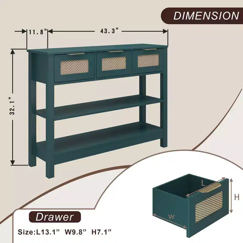 TUYOHW Tavolo Consolle in Rattan con 3 Cassetti Superiori e 2 Ripiani Aperti, Tavolino da Divano Rustico con Ripiano Regolabile per Ingresso, Corridoio, Soggiorno