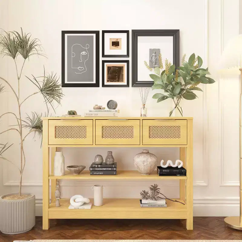 TUYOHW Rattan Console Table with 3 Top Drawers and 2 Open Shelves,Farmhouse Sofa Table with Adjustable Shelf for Entryway,Hallway,Living Room
