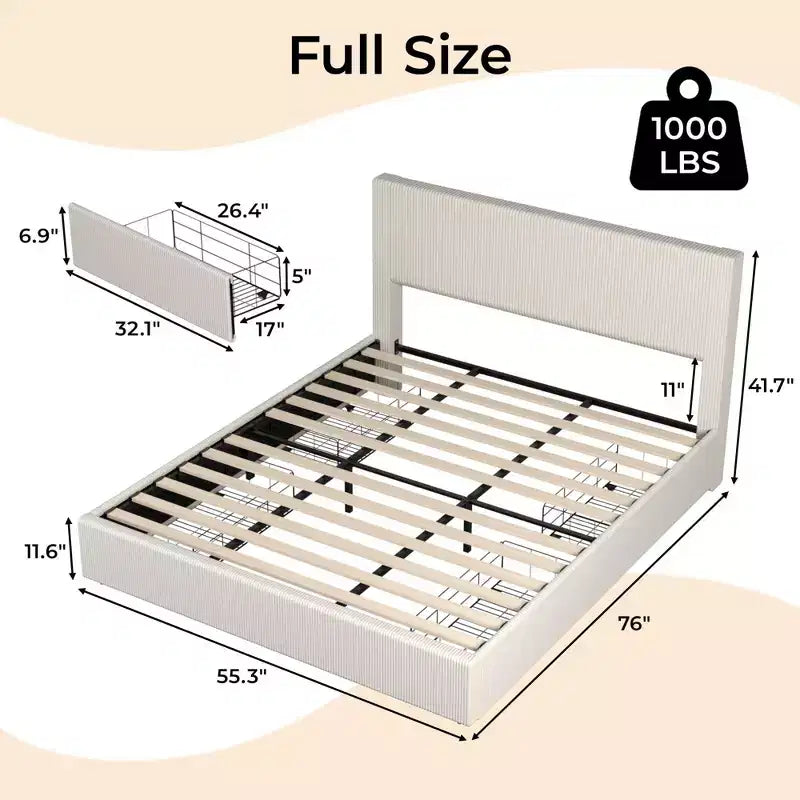 Struttura Letto, Letto a Piattaforma Matrimoniale Francese con 4 Cassetti Contenitore, Testiera Imbottita con Canali Trapuntati e Ali, Supporto a Doghe in Legno, Nessuna Rete a Molle Necessaria