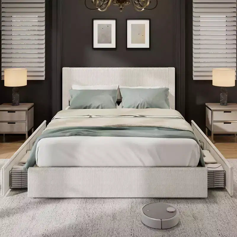 Struttura Letto, Letto a Piattaforma Matrimoniale Francese con 4 Cassetti Contenitore, Testiera Imbottita con Canali Trapuntati e Ali, Supporto a Doghe in Legno, Nessuna Rete a Molle Necessaria