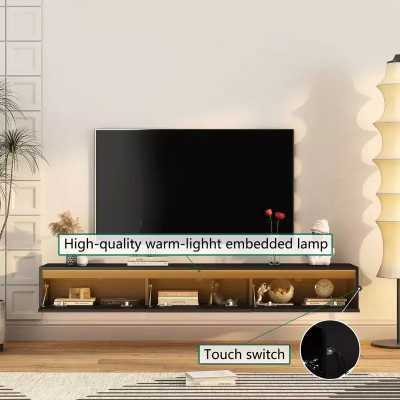 JVNOXK Mobile TV galleggiante da 65 pollici, mensola TV a parete con luci a LED e presa di corrente, mobile TV lucido per supporti TV neri per soggiorno