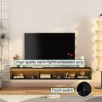 JVNOXK Mobile TV galleggiante da 65 pollici, mensola TV a parete con luci a LED e presa di corrente, mobile TV lucido per supporti TV neri per soggiorno