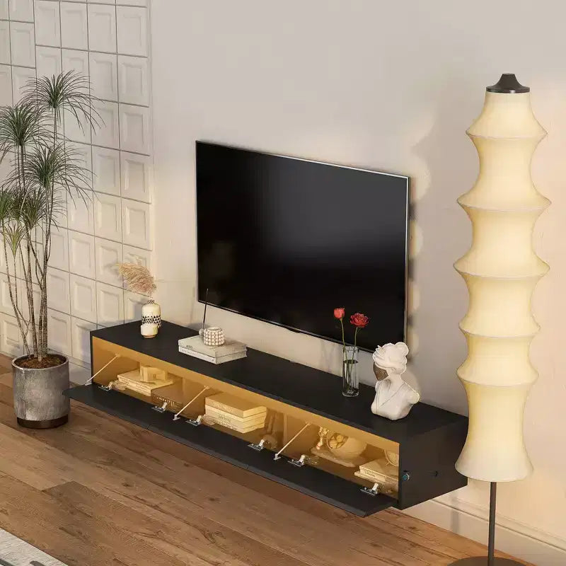 JVNOXK Mobile TV galleggiante da 65 pollici, mensola TV a parete con luci a LED e presa di corrente, mobile TV lucido per supporti TV neri per soggiorno