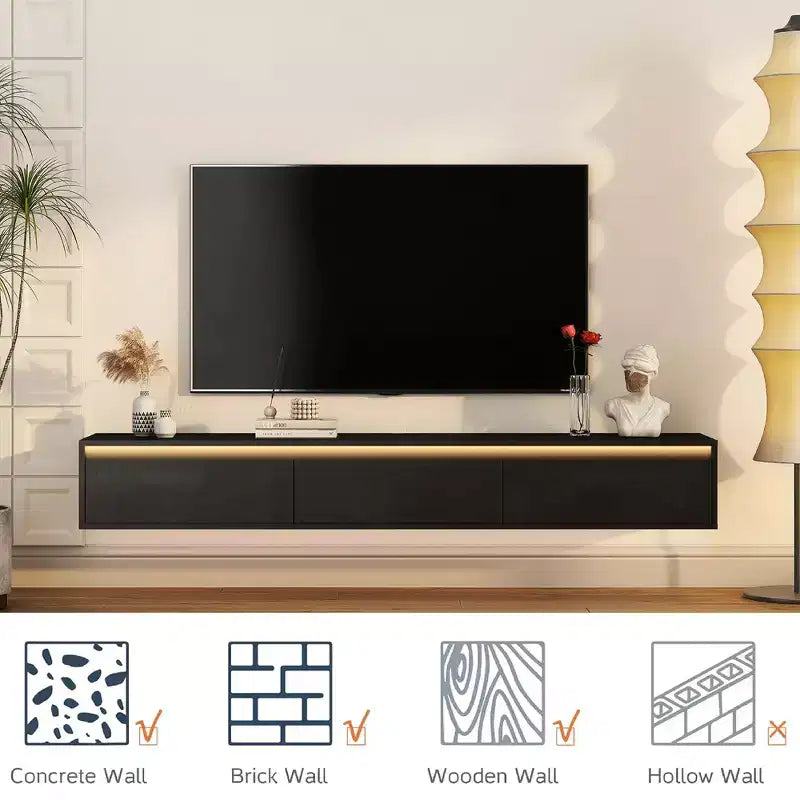 JVNOXK Mobile TV galleggiante da 65 pollici, mensola TV a parete con luci a LED e presa di corrente, mobile TV lucido per supporti TV neri per soggiorno