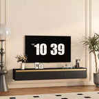 JVNOXK Mobile TV galleggiante da 65 pollici, mensola TV a parete con luci a LED e presa di corrente, mobile TV lucido per supporti TV neri per soggiorno