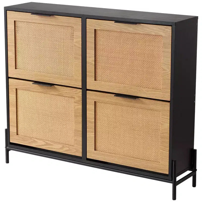 VIYET 44H 4-Flip Drawer Rattan Shoe Cabinet, Slim Narrow Entryway Storage Organizer with Metal Legs for Hallway/Closet (Light Wood Color)