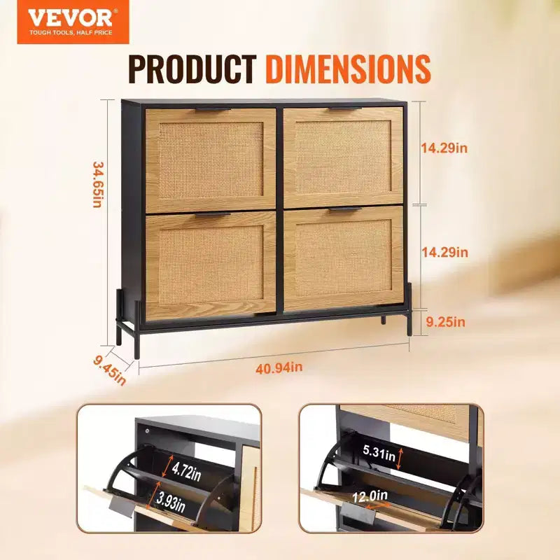 VIYET 44H Scarpiera a 4 Ante Ribaltabili in Rattan, Organizer Contenitore Sottile e Stretto per Ingresso con Gambe in Metallo per Corridoio/Ripostiglio (Color Legno Chiaro)