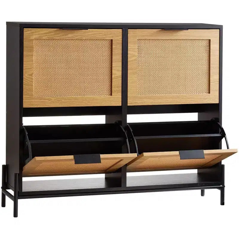 VIYET 44H Scarpiera a 4 Ante Ribaltabili in Rattan, Organizer Contenitore Sottile e Stretto per Ingresso con Gambe in Metallo per Corridoio/Ripostiglio (Color Legno Chiaro)
