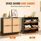 VIYET 44H Scarpiera a 4 Ante Ribaltabili in Rattan, Organizer Contenitore Sottile e Stretto per Ingresso con Gambe in Metallo per Corridoio/Ripostiglio (Color Legno Chiaro)
