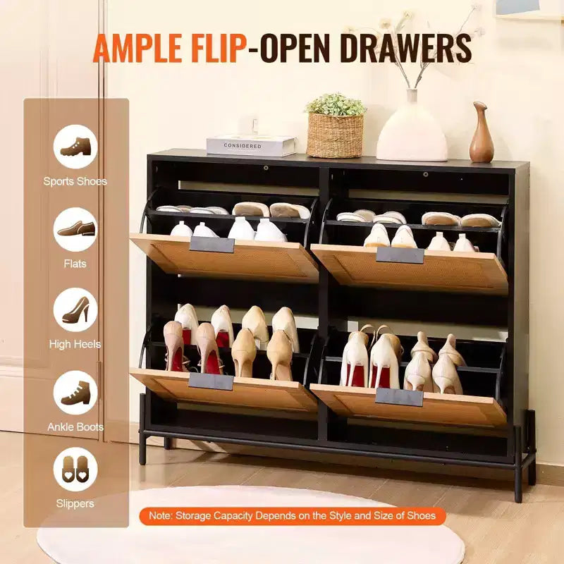 VIYET 44H Scarpiera a 4 Ante Ribaltabili in Rattan, Organizer Contenitore Sottile e Stretto per Ingresso con Gambe in Metallo per Corridoio/Ripostiglio (Color Legno Chiaro)