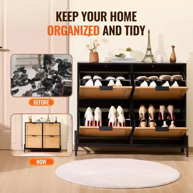VIYET 44H Scarpiera a 4 Ante Ribaltabili in Rattan, Organizer Contenitore Sottile e Stretto per Ingresso con Gambe in Metallo per Corridoio/Ripostiglio (Color Legno Chiaro)