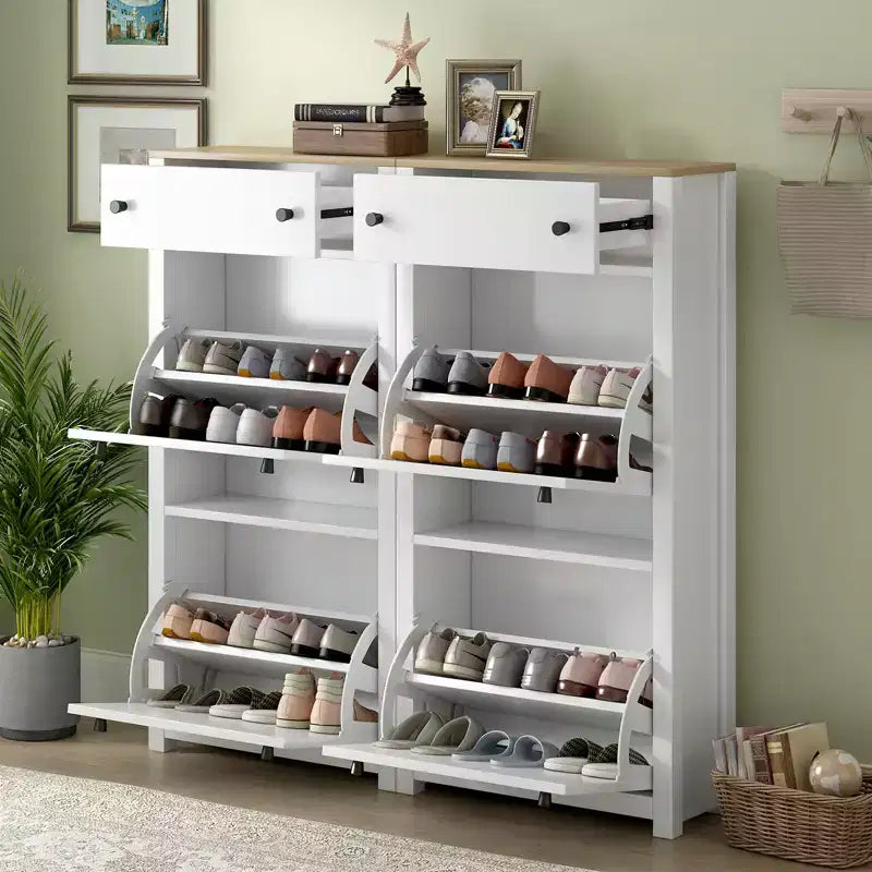 Freestanding Shoe Rack Storage Cabinet, Flip Drawers with Adjustable Panels, Wood Grain Pattern Top Shoe Cabinet for Entryway, Hallway