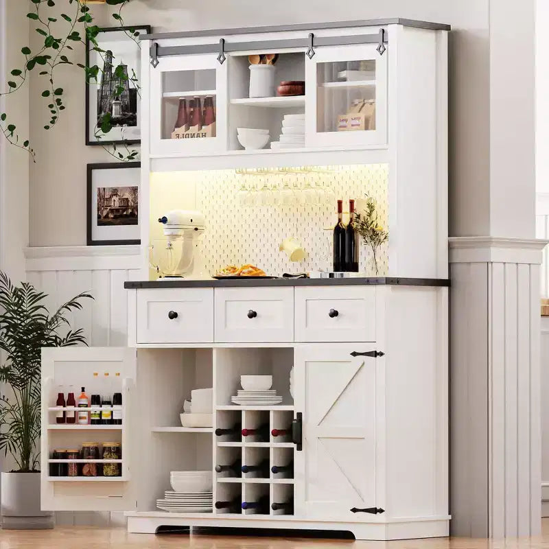 Bellemave Mobile Alto da Cucina 71" in Rovere Bianco - Porta Microonde, Anta Scorrevole, Presa di Corrente e Pannello Forato Fai-da-te, 3 Cassetti, Ripiani RegolabiliRovere Bianco