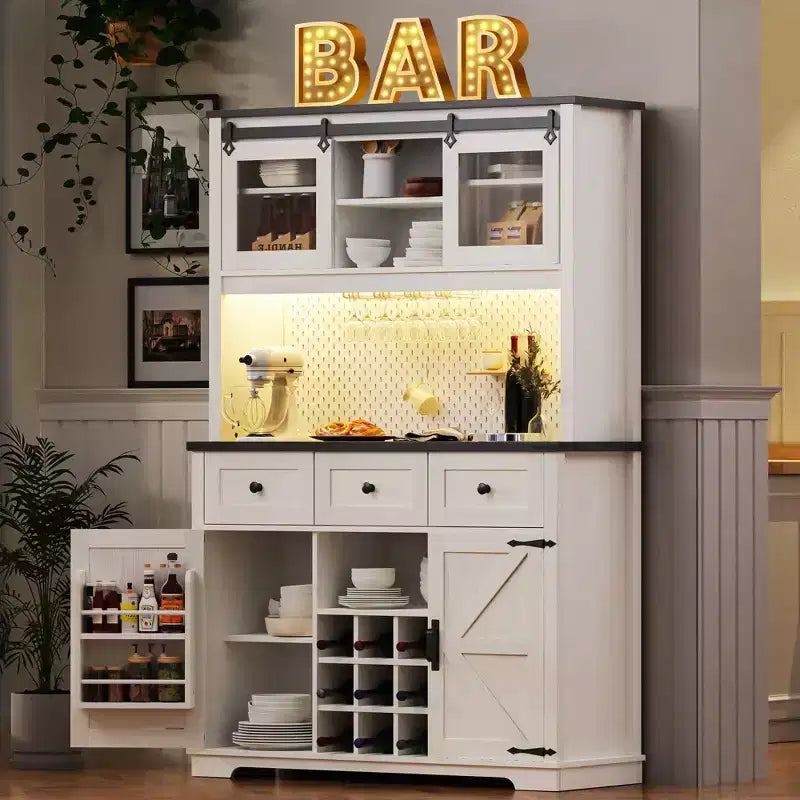 Bellemave Mobile Alto da Cucina 71" in Rovere Bianco - Porta Microonde, Anta Scorrevole, Presa di Corrente e Pannello Forato Fai-da-te, 3 Cassetti, Ripiani RegolabiliRovere Bianco